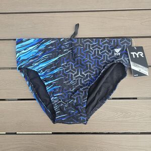 TYR Durafast Elite Men's Synergy Blue Allover Racer Brief SZ 30 New